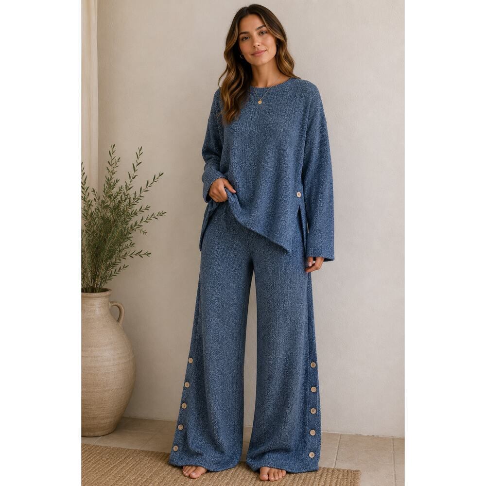 NEW Free People Free-est Blue Sea Combo Cotton Button 2 Piece Wide Leg Set XS